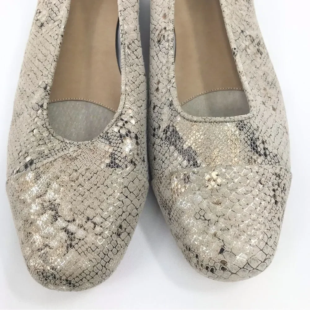 VANELi Tan Metallic Gold Snakeskin Leather Cap Toe Low Heel Classic Ballet Flats